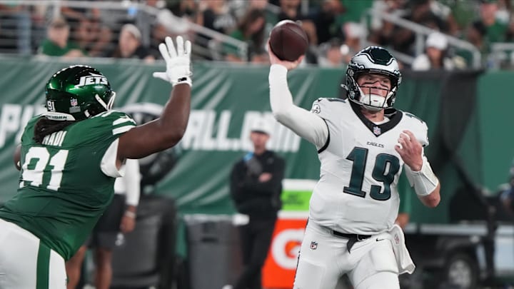 East Rutherford, NJ -- August 22, 2025 -- Derrick Nnadi of the Jets pressures Kyle McCord of the Eagles in the second half. The Philadelphia Eagles came to MetLife Stadium and defeated the NY Jets 19-17 in the final preseason season game.