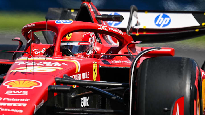 Jun 7, 2024; Montreal, Quebec, CAN; Ferrari driver Charles Leclerc (MCO) races during FP1 practice session of the Canadian Grand Prix at Circuit Gilles Villeneuve. Mandatory Credit: David Kirouac-USA TODAY Sports