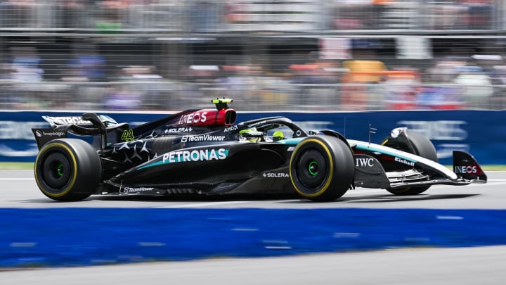 Jun 8, 2024; Montreal, Quebec, CAN; Mercedes driver Lewis Hamilton (GBR) races during FP3 practice session of the Canadian Grand Prix at Circuit Gilles Villeneuve. Mandatory Credit: David Kirouac-USA TODAY Sports Jun 8, 2024; Montreal, Quebec, CAN; Mercedes driver Lewis Hamilton (GBR) races during FP3 practice session of the Canadian Grand Prix at Circuit Gilles Villeneuve. Mandatory Credit: David Kirouac-USA TODAY Sports
