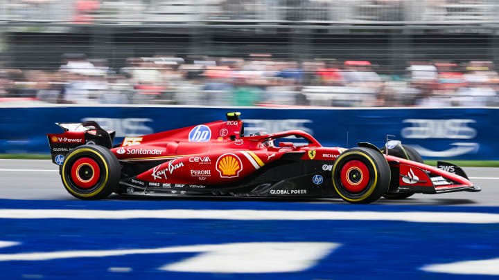 Jun 8, 2024; Montreal, Quebec, CAN; Ferrari driver Carlos Sainz (ESP) races during FP3 practice session of the Canadian Grand Prix at Circuit Gilles Villeneuve. Mandatory Credit: David Kirouac-USA TODAY Sports