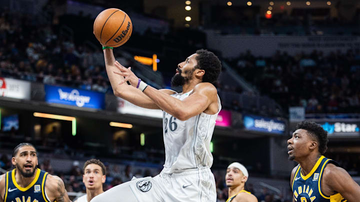 Dallas Mavericks guard Spencer Dinwiddie (26)  shoots the ball while Indiana Pacers forward Obi Toppin (1) defends in the second half at Gainbridge Fieldhouse. 