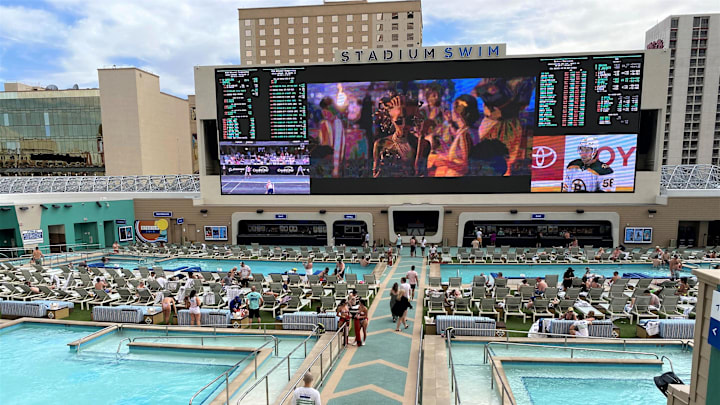 Stadium Swim, an amphitheater style pool that its part pool part sports bar, is located at Circa hotel in downtown Las Vegas. Stadium Swim, an amphitheater style pool that its part pool part sports bar, is located at Circa hotel in downtown Las Vegas.