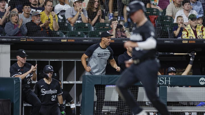Chicago White Sox interim manager Grady Sizemore (24) celebrates as outfielder Gavin Sheets (32) scores against the New York Yankees during the seventh inning at Guaranteed Rate Field on Aug 12. Chicago White Sox interim manager Grady Sizemore (24) celebrates as outfielder Gavin Sheets (32) scores against the New York Yankees during the seventh inning at Guaranteed Rate Field on Aug 12.
