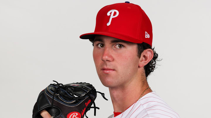 Philadelphia Phillies pitcher Andrew Painter (76) during photo day at BayCare Ballpark in 2023.
