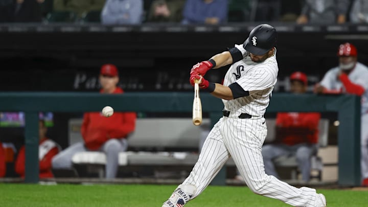 Chicago White Sox outfielder Andrew Benintendi (23) hits an RBI-single against the Los Angeles Angels during the eight inning at Guaranteed Rate Field on Sept 24.