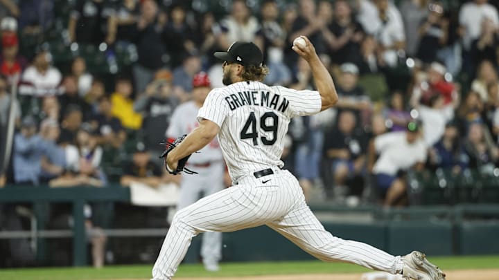 Chicago White Sox relief pitcher Kendall Graveman (49) delivers a pitch against the Los Angeles Angels during the ninth inning at Guaranteed Rate Field in 2023.