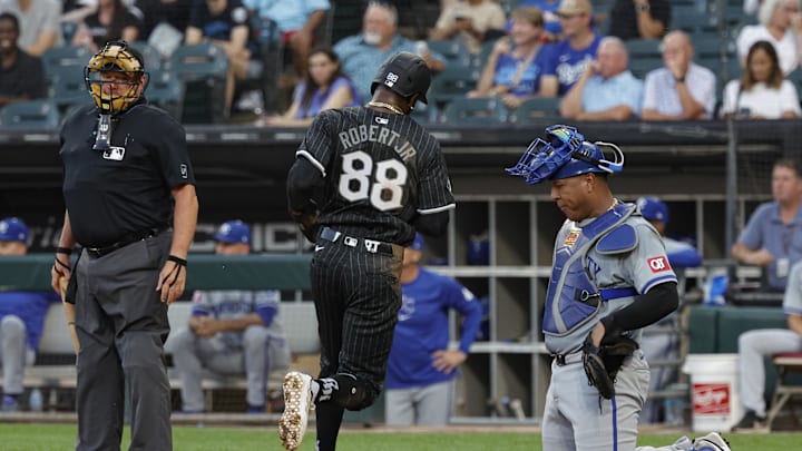 Chicago, Illinois, USA; Chicago White Sox outfielder Luis Robert Jr. (88) scores against the Kansas City Royals during the first inning at Guaranteed Rate Field.