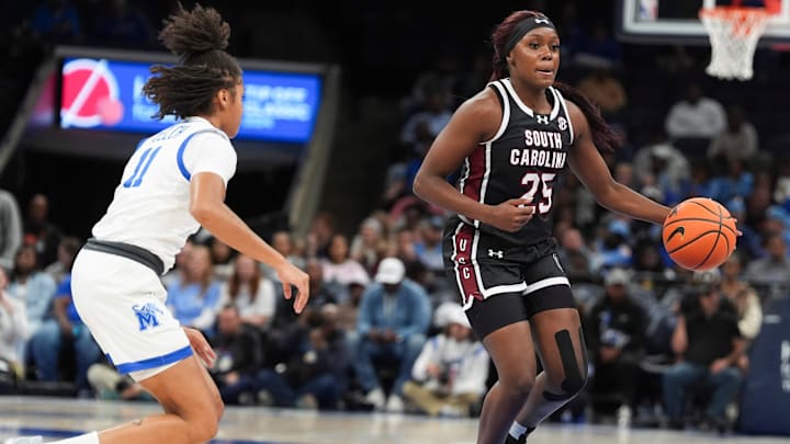 South Carolina's Raven Johnson (25) dribbles the ball during the game between South Carolina and Memphis in the Hoops for St. Jude Tip Off Classic at FedExForum on Tuesday, October 15, 2024.