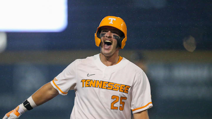 Tennessee Volunteers first baseman Blake Burke (25) runs after hitting a grand slam against the South Carolina Gamecocks at Lindsey Nelson Stadium in Knoxville, Tenn., Friday, May 17, 2024. Tennessee Volunteers first baseman Blake Burke (25) runs after hitting a grand slam against the South Carolina Gamecocks at Lindsey Nelson Stadium in Knoxville, Tenn., Friday, May 17, 2024.