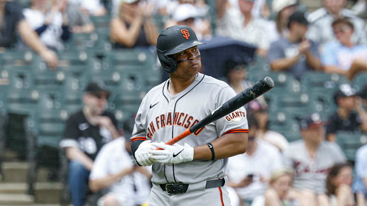 Jun 29, 2025; Chicago, Illinois, USA; San Francisco Giants designated hitter Rafael Devers (16) reacts after striking out against the Chicago White Sox during the ninth inning at Rate Field. 