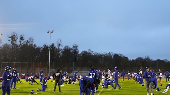 Nov 8, 2024; Munich, Germany; New York Giants players stretch during practice at the FC Bayern Munchen training grounds at Sabener Strasse. Nov 8, 2024; Munich, Germany; New York Giants players stretch during practice at the FC Bayern Munchen training grounds at Sabener Strasse.
