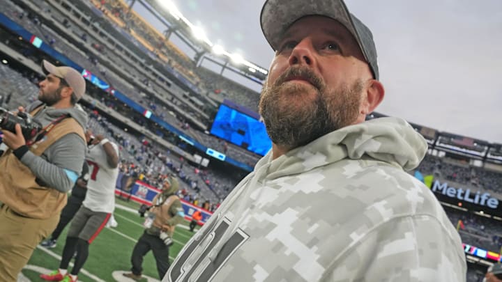 East Rutherford, NJ -- November 24, 2024 -- Giants head coach Brian Daboll walks off the field at the end of the game as the Tampa Bay Buccaneers came to MetLife Stadium and defeated the New York Giants 30-7.