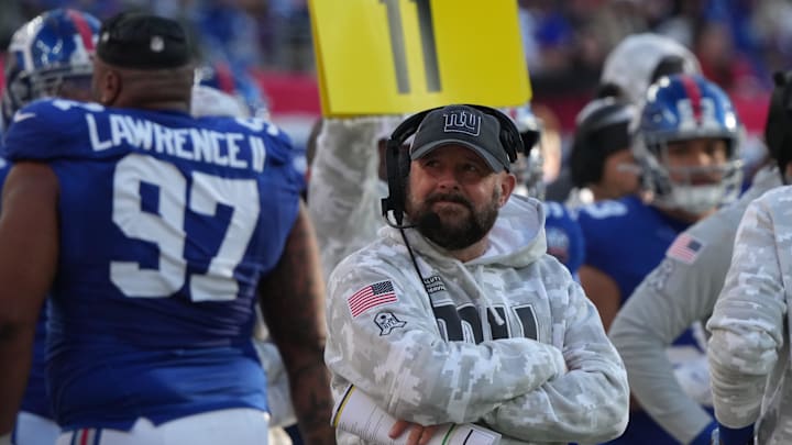East Rutherford, NJ -- November 24, 2024 -- Giants head coach Brian Daboll late in the first half as the Tampa Bay Buccaneers came to MetLife Stadium to play the New York Giants.