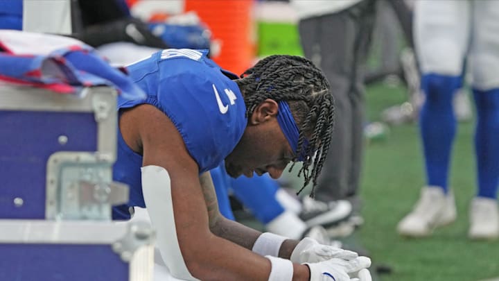 East Rutherford, NJ -- November 24, 2024 -- Malik Nabers of the Giants on the bench late in the fourth quarter as the Tampa Bay Buccaneers came to MetLife Stadium and defeated the New York Giants 30-7. East Rutherford, NJ -- November 24, 2024 -- Malik Nabers of the Giants on the bench late in the fourth quarter as the Tampa Bay Buccaneers came to MetLife Stadium and defeated the New York Giants 30-7.