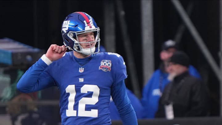 East Rutherford, NJ -- December 15, 2024 -- Giants quarterback Tim Boyle after throwing an interception in the second half as the Baltimore Ravens came to MetLife Stadium and defeated the New York Giants 35-14.