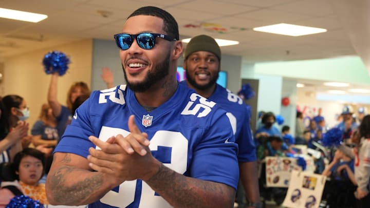 Former Giants linebacker Jonathan Casillas and defensive tackle Jay Alford came to help fire up students and staff during the NY Giants Playoff Pep Rally at the Bleshman School in Paramus, NJ on January 20, 2023. Former Giants linebacker Jonathan Casillas and defensive tackle Jay Alford came to help fire up students and staff during the NY Giants Playoff Pep Rally at the Bleshman School in Paramus, NJ on January 20, 2023.