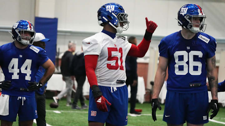 Eat Rutherford, NJ -- May 9, 2025 -- Draft picks Cam Skattebo, Abdul Carter and Thomas Fidone II during practice at Giants Rookie Minicamp.