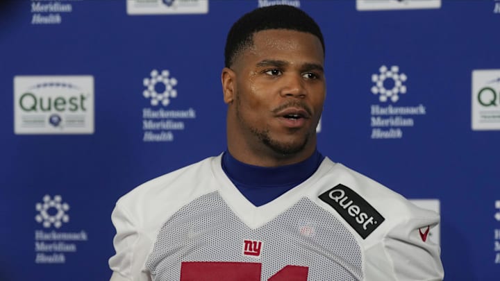 New York Giants OLB Abdul Carter talks to the media following practice at Giants Rookie Minicamp. New York Giants OLB Abdul Carter talks to the media following practice at Giants Rookie Minicamp.