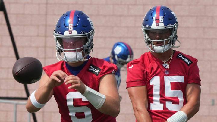 East Rutherford, NJ -- June 5, 2025 -- Quarterbacks, Jaxson Dart and Tommy DeVito as the New York Giants players participate in their 2025 OTAÕs at the Quest Diagnostic Giants Training Center in East Rutherford.