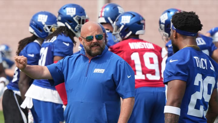 Coach Brian Daboll and running back Tyrone Tracy Jr. as the New York Giants players participate in their 2025 OTAÕs at the Quest Diagnostic Giants Training Center in East Rutherford.