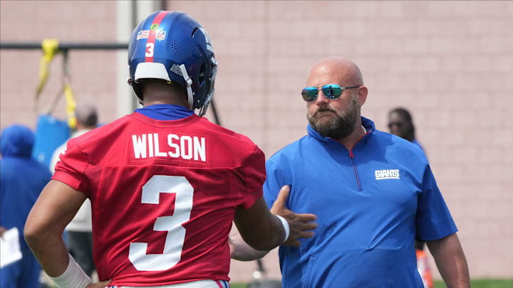 East Rutherford, NJ -- June 5, 2025 -- Quarterback, Russell Wilson and Coach Brian Daboll as the New York Giants players participate in their 2025 OTAÕs at the Quest Diagnostic Giants Training Center in East Rutherford.