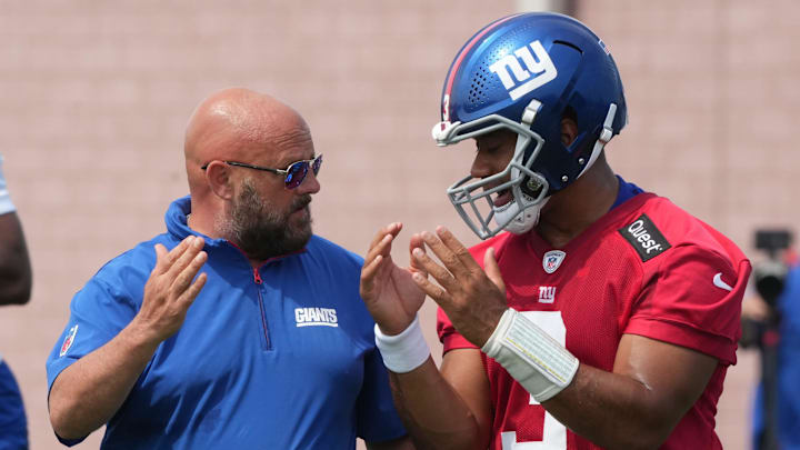 East Rutherford, NJ -- June 5, 2025 -- Quarterback Russell Wilson and Coach Brian Daboll as the New York Giants players participate in their 2025 OTA's at the Quest Diagnostic Giants Training Center in East Rutherford. East Rutherford, NJ -- June 5, 2025 -- Quarterback Russell Wilson and Coach Brian Daboll as the New York Giants players participate in their 2025 OTA's at the Quest Diagnostic Giants Training Center in East Rutherford.