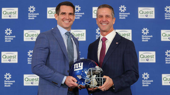 Jan 20, 2026; East Rutherford, NJ, USA; New York Giants general manager Joe Schoen and head coach John Harbaugh pose after the press conference announcing Harbaugh's hiring at Quest Diagnostics Training Center.  