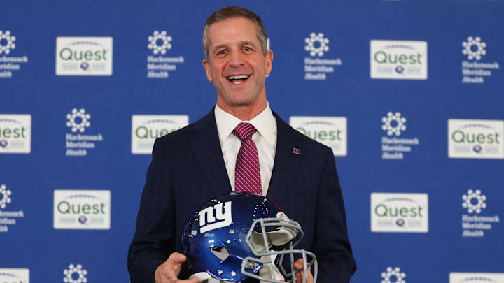 Jan 20, 2026; East Rutherford, NJ, USA; John Harbaugh poses after the press conference announcing his hiring as the next New York Giants head coach at Quest Diagnostics Training Center.