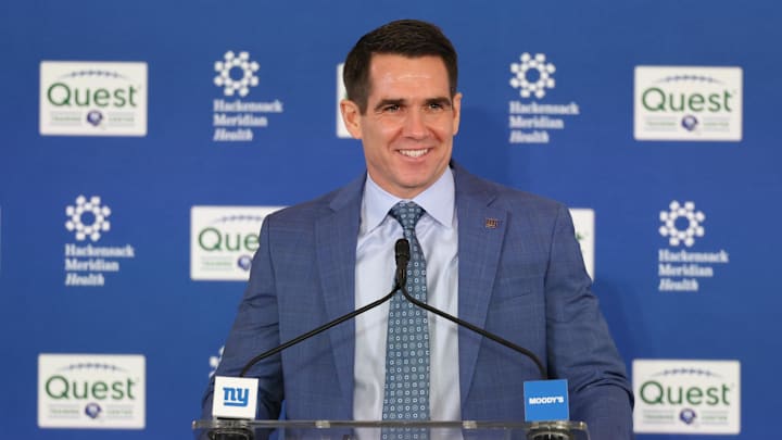 Jan 20, 2026; East Rutherford, NJ, USA; New York Giants general manager Joe Schoen introduces John Harbaugh (not pictured) as the next New York Giants head coach at Quest Diagnostics Training Center.  