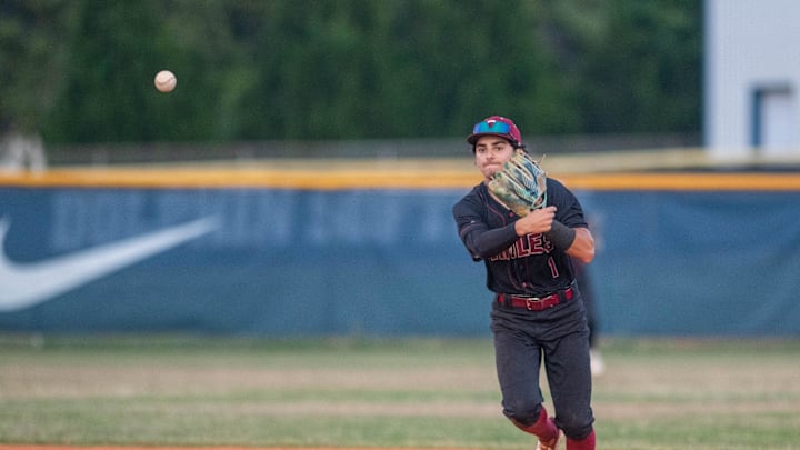 Chiles’s Tyler Correa (1) throws to first for an out against Gulf Breeze during the second game of the 5A Regional Quarterfinals at Gulf Breeze High School on Thursday, April 24, 2025.