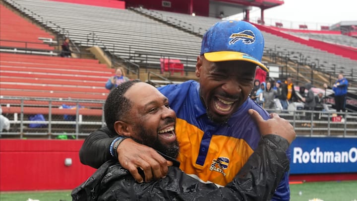 Woodbury head coach Anthony Reagan and assistant coach Jamal White (Right) at the end of the game as Woodbury defeated Mountain Lakes 31-7 to win the NJSIAA Group 1 Football Championship played in SHI Stadium at Rutgers in Piscataway, NJ on December 3,  2022. 
