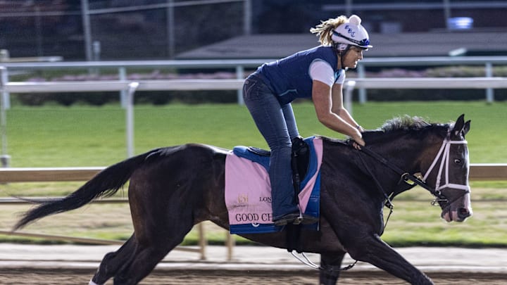 Kentucky Derby hopeful, Good Cheer, trained by Brad Cox, gallops on the track at Churchill Downs. Photo by Pat McDonogh. April 20, 2025