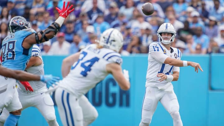 Indianapolis Colts quarterback Daniel Jones (17) attempts a pass during the first quarter against the Tennessee Titans at Nissan Stadium in Nashville, Tenn., Sunday, Sept. 21, 2025. Indianapolis Colts quarterback Daniel Jones (17) attempts a pass during the first quarter against the Tennessee Titans at Nissan Stadium in Nashville, Tenn., Sunday, Sept. 21, 2025.