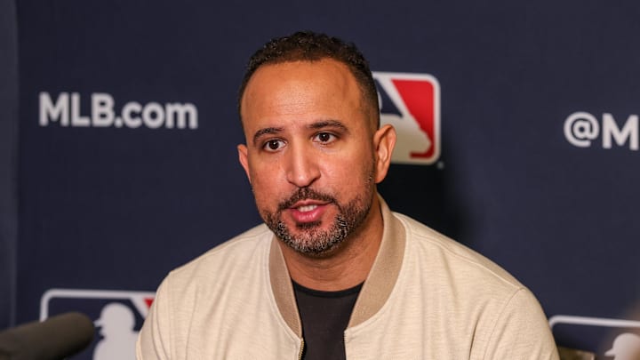 Dec 8, 2025; Orlando, FL, USA; St. Louis Cardinals manager Oliver Marmol speaks with the media during the 2025 MLB Winter Meetings at Signia by Hilton Hotel. Mandatory Credit: Mike Watters-Imagn Images