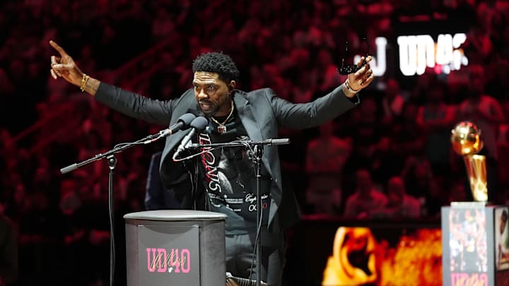 Jan 19, 2024; Miami, Florida, USA; Udonis Haslem speaks after his jersey was lifted to the rafters during the retirement ceremony during halftime of the game between the Miami Heat and the Atlanta Hawks Kaseya Center. Mandatory Credit: Jasen Vinlove-Imagn Images