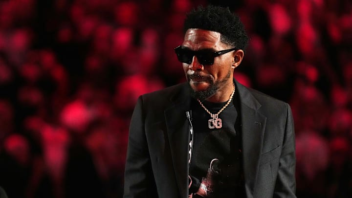 Jan 19, 2024; Miami, Florida, USA; Former Miami Heat player Udonis Haslem walks onto the court prior to his jersey retirement ceremony during halftime of the game between the Miami Heat and the Atlanta Hawks Kaseya Center. Mandatory Credit: Jasen Vinlove-Imagn Images