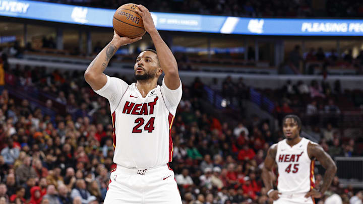 Nov 21, 2025; Chicago, Illinois, USA; Miami Heat guard Norman Powell (24) shoots a free throw against the Chicago Bulls during the second half at United Center. Mandatory Credit: Kamil Krzaczynski-Imagn Images Nov 21, 2025; Chicago, Illinois, USA; Miami Heat guard Norman Powell (24) shoots a free throw against the Chicago Bulls during the second half at United Center. Mandatory Credit: Kamil Krzaczynski-Imagn Images