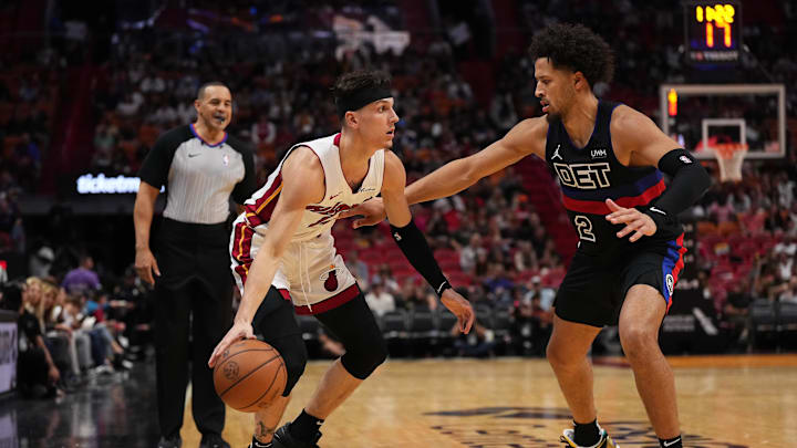Oct 25, 2023; Miami, Florida, USA; Miami Heat guard Tyler Herro (14) drives the ball around Detroit Pistons guard Cade Cunningham (2) during the first second half at Kaseya Center. Mandatory Credit: Jasen Vinlove-Imagn Images Oct 25, 2023; Miami, Florida, USA; Miami Heat guard Tyler Herro (14) drives the ball around Detroit Pistons guard Cade Cunningham (2) during the first second half at Kaseya Center. Mandatory Credit: Jasen Vinlove-Imagn Images