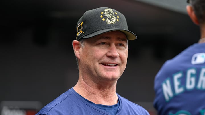 Seattle Mariners manager Scott Servais (9) looks on before the game between the Baltimore Orioles and the Seattle Mariners at Oriole Park at Camden Yards on May 19.