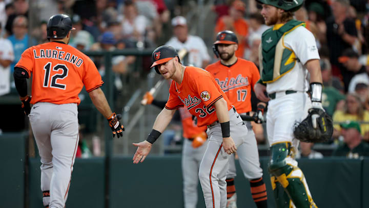 Jun 7, 2025; West Sacramento, California, USA; Baltimore Orioles right fielder Ramon Laureano (12) celebrates with Ryan O'Hearn (32) after hitting a two-run home run against the Athletics during the fourth inning at Sutter Health Park. Mandatory Credit: Dennis Lee-Imagn Images