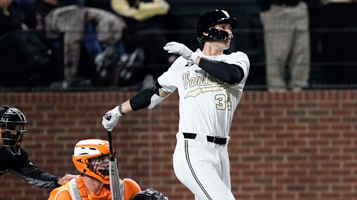 Vanderbilt right fielder Spencer Jones (34) hits a home run against Tennessee during the seventh inning at Hawkins Field Saturday, April 2, 2022 in Nashville, Tenn. Vanderbilt right fielder Spencer Jones (34) hits a home run against Tennessee during the seventh inning at Hawkins Field Saturday, April 2, 2022 in Nashville, Tenn.