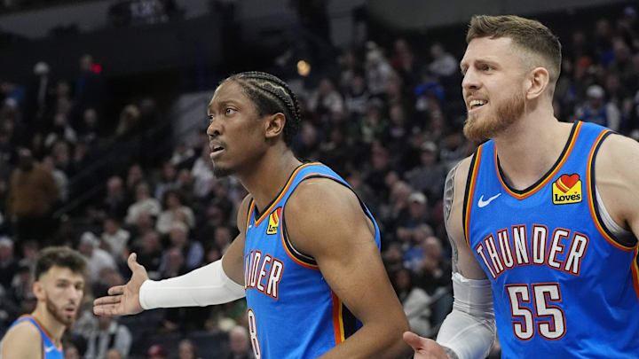 Feb 13, 2025; Minneapolis, Minnesota, USA; Oklahoma City Thunder forward Jalen Williams (8) and center Isaiah Hartenstein (55) react to a call for the Minnesota Timberwolves in the third quarter at Target Center. Mandatory Credit: Bruce Kluckhohn-Imagn Images Feb 13, 2025; Minneapolis, Minnesota, USA; Oklahoma City Thunder forward Jalen Williams (8) and center Isaiah Hartenstein (55) react to a call for the Minnesota Timberwolves in the third quarter at Target Center. Mandatory Credit: Bruce Kluckhohn-Imagn Images