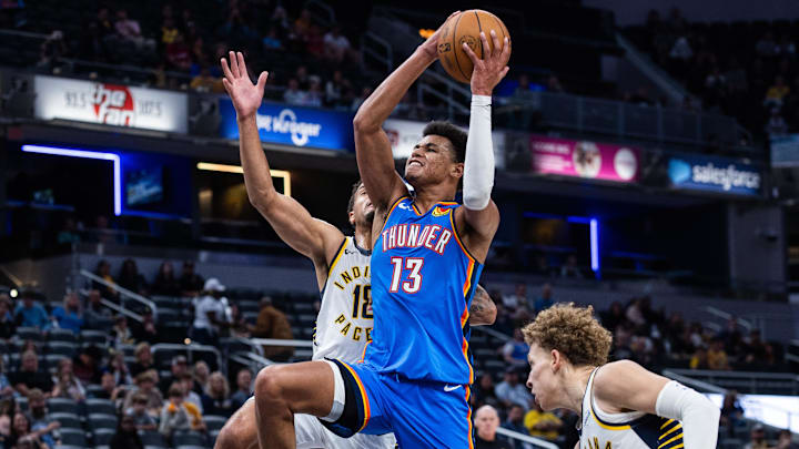 Oct 11, 2025; Indianapolis, Indiana, USA; Oklahoma City Thunder forward Ousmane Dieng (13) shoots the ball while Indiana Pacers forward Jalen Slawson (18) defends in the second half at Gainbridge Fieldhouse. Mandatory Credit: Trevor Ruszkowski-Imagn Images Oct 11, 2025; Indianapolis, Indiana, USA; Oklahoma City Thunder forward Ousmane Dieng (13) shoots the ball while Indiana Pacers forward Jalen Slawson (18) defends in the second half at Gainbridge Fieldhouse. Mandatory Credit: Trevor Ruszkowski-Imagn Images