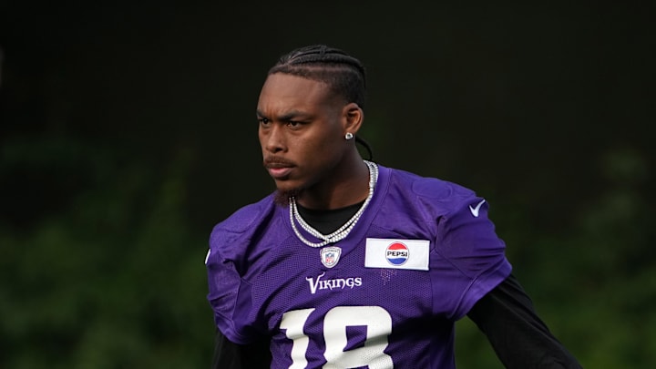 Oct 4, 2024; Watford, United Kingdom; Minnesota Vikings wide receiver Justin Jefferson (18) during practice at The Grove. Mandatory Credit: Kirby Lee-Imagn Images