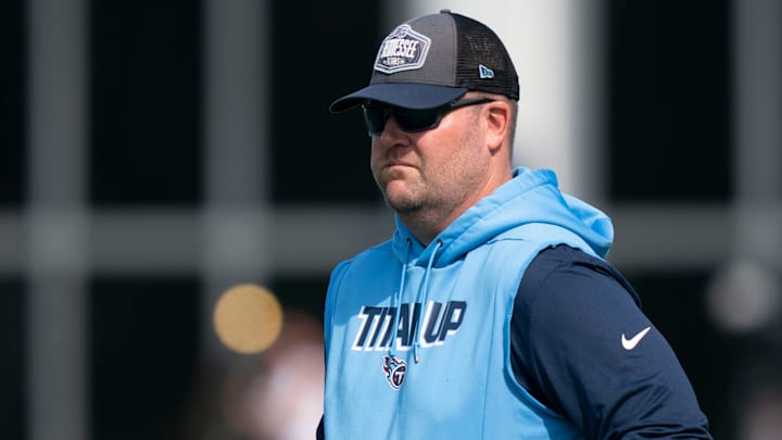 Tennessee Titans general manager Jon Robinson watches his players during practice at Saint Thomas Sports Park Wednesday, June 1, 2022, in Nashville, Tenn.

Nas Titans Ota 014