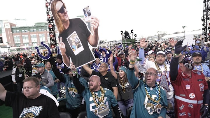 Jacksonville Jaguars fans are shown before the start of the first round of the NFL Draft Thursday, April 24, 2025 in Green Bay, Wisconsin. It is the first time the draft will be held in Green Bay, the smallest market in the National Football League.