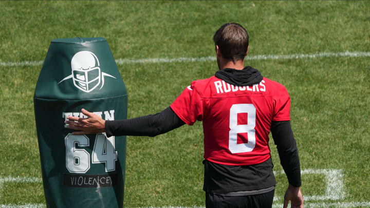 Florham Park, NJ May 31, 2023 -- Quarterback, Aaron Rodgers during the Jets OTA.