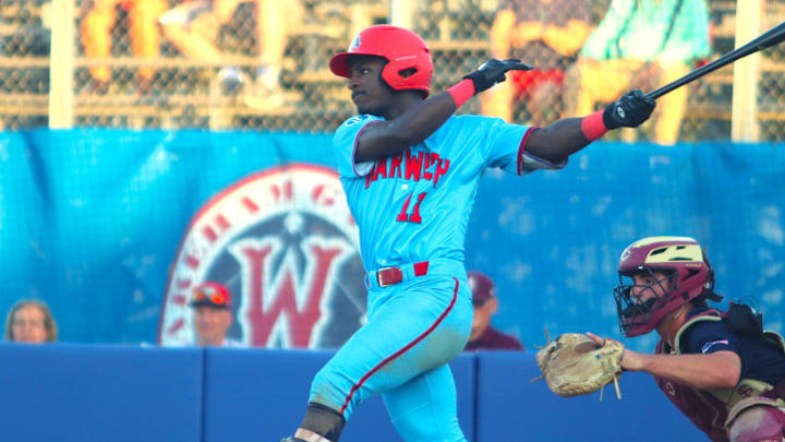 The Harwich Mariners' Dee Kennedy (Kansas State) hits a single during a Cape Cod Baseball League game against the Wareham Gatemen on July 16, 2025.