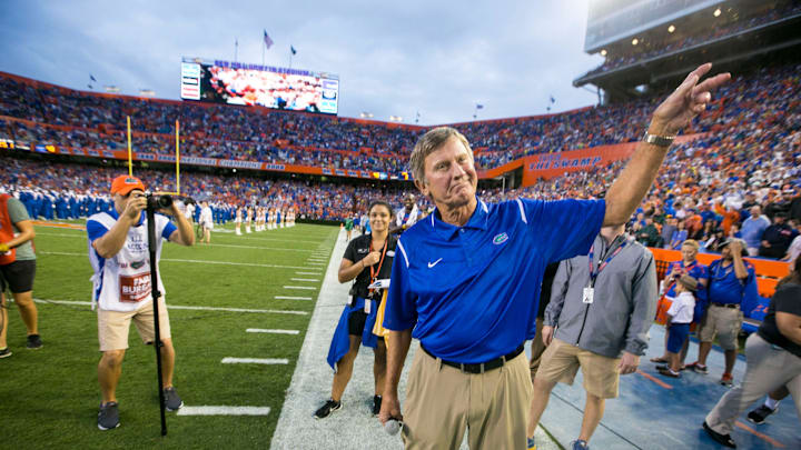 Ambassador Steve Spurrier waves to the crowd before Saturday September 3, 2016 game between the Florida Gators and the Massachusetts Minutemen at Ben Hill Griffin Stadium at the University of Florida in Gainesville, Florida. The Gators lead 10-7 at the half. Alan Youngblood / Gainesville Sun
