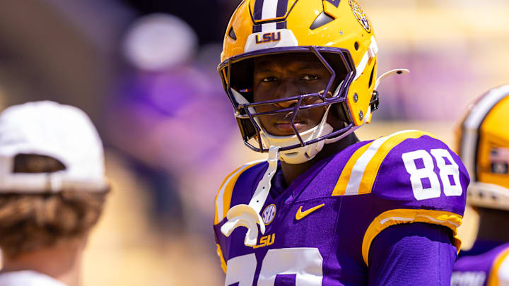 Sep 21, 2024; Baton Rouge, Louisiana, USA;  LSU Tigers tight end Ka'Morreun Pimpton (88) looks on during warmups before a game against the UCLA Bruins at Tiger Stadium. Mandatory Credit: Stephen Lew-Imagn Images